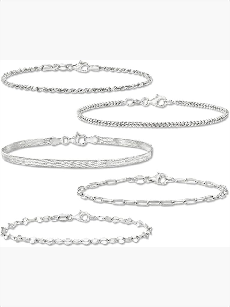 Sterling Silver 5 Chain Bracelet Set, Lobster Clasp, Polished Finish